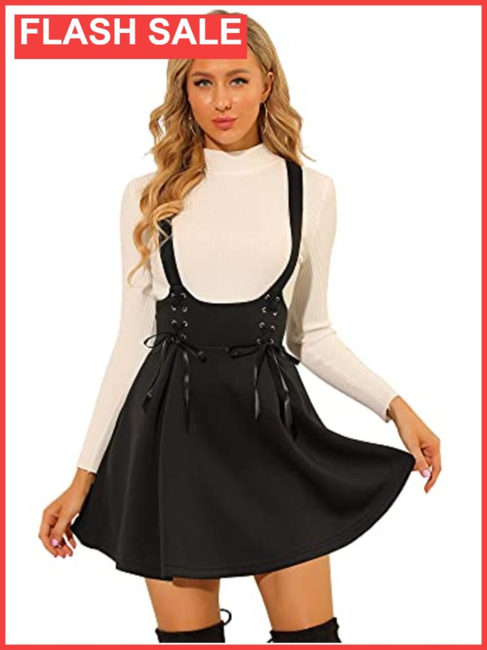 Women High Waist Lace Up Mini A-Line Suspender Skirt
